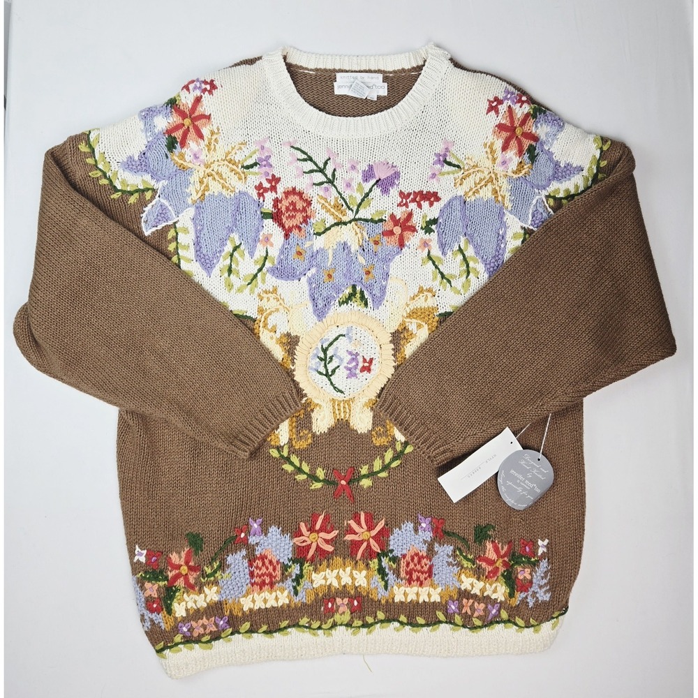 Jennifer Reed too hand knitted sweater NWT sz 3X brown beige floral